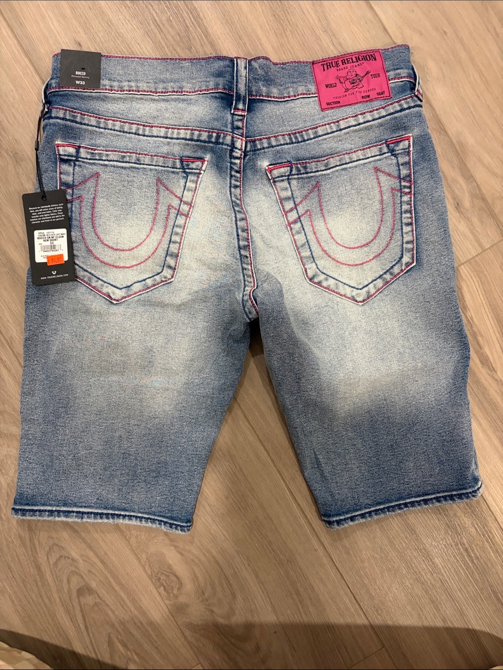 True Religion Light Wash Denim Shorts with Pink Accents